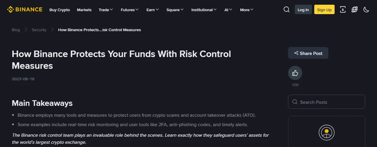 Binance-এর নিরাপত্তা ব্লগে ঝুঁকি নিয়ন্ত্রণ ব্যবস্থা নিয়ে লেখা, প্রকাশের তারিখ ২০২৩-০৬-১৬
