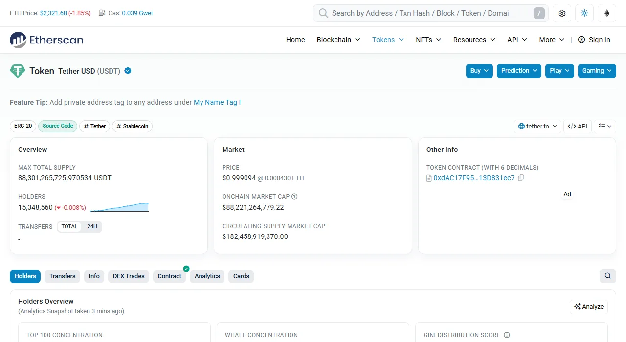 Etherscan-এ Tether USD (USDT) টোকেন পেজ, পাশে যাচাইয়ের নীল টিক এবং ডানদিকে অফিসিয়াল টোকেন কন্ট্রাক্ট ঠিকানা 0xdAC17F95…13D831ec7 দেখানো হচ্ছে
