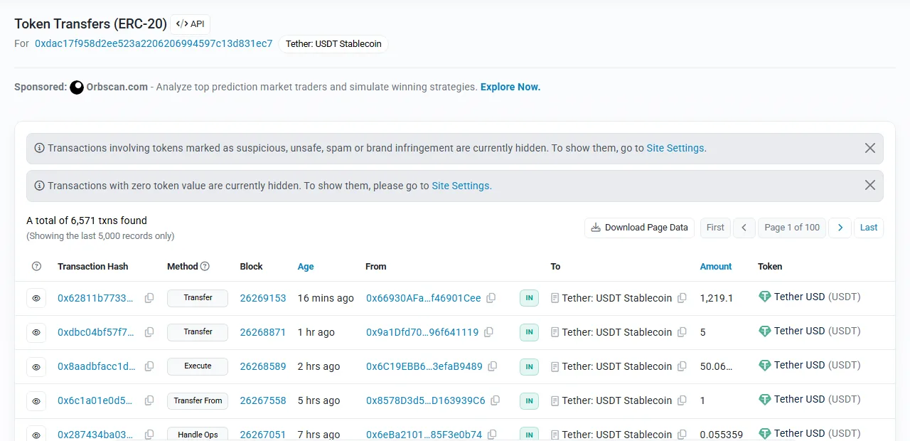 Etherscan-এ USDT কন্ট্রাক্টের টোকেন ট্রান্সফার তালিকা: প্রতিটি সারিতে ট্রানজ্যাকশন হ্যাশ, ব্লক নম্বর, সময়, প্রেরক, গ্রহীতা, পরিমাণ ও টোকেনের নাম