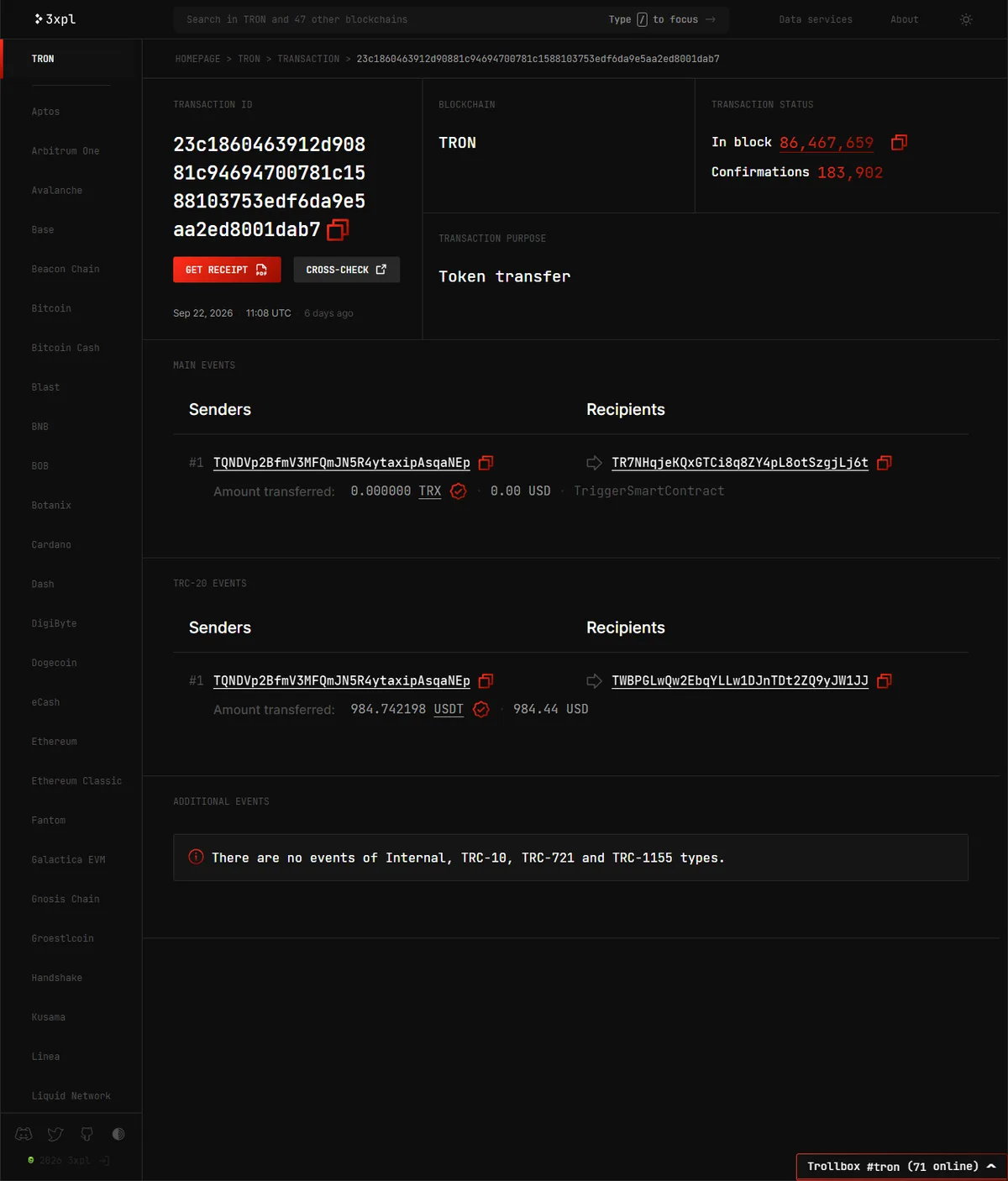 3xpl এক্সপ্লোরারে একটি TRON লেনদেনের পাতা: Sep 22, 2026 11:08 UTC, ব্লক 86,467,659, TRC-20 ইভেন্টে 984.742198 USDT স্থানান্তর, আর উপরের Main events অংশে 0.000000 TRX